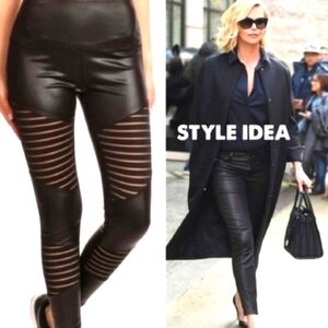 Boutique Sport Faux Leather Leggings Mesh Athleisure Yoga Performance Wear